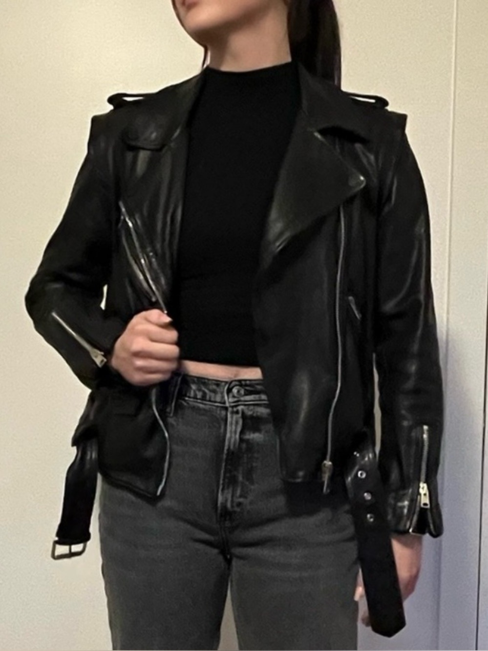 AllSaints Black Leather Biker Jacket 2 in 1 - Picture 7 of 14